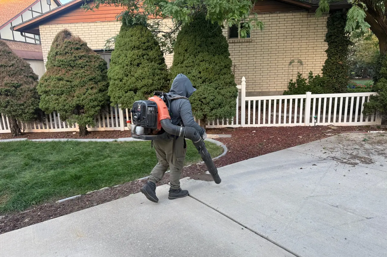 Crew member with a backpack blower clearing a driveway and garden beds