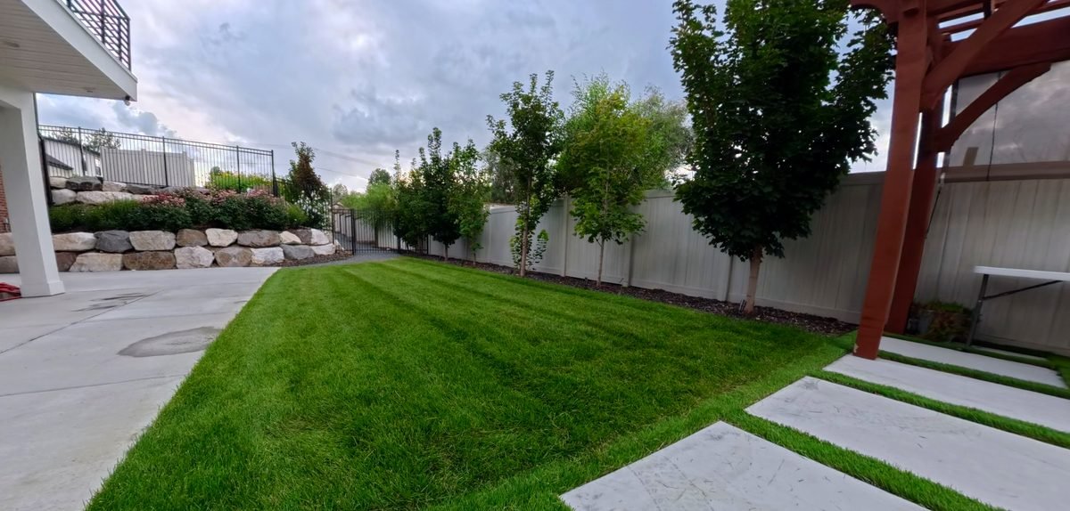 A residential lawn after mowing and edging, with clean mowing lines and a trimmed edge along the path