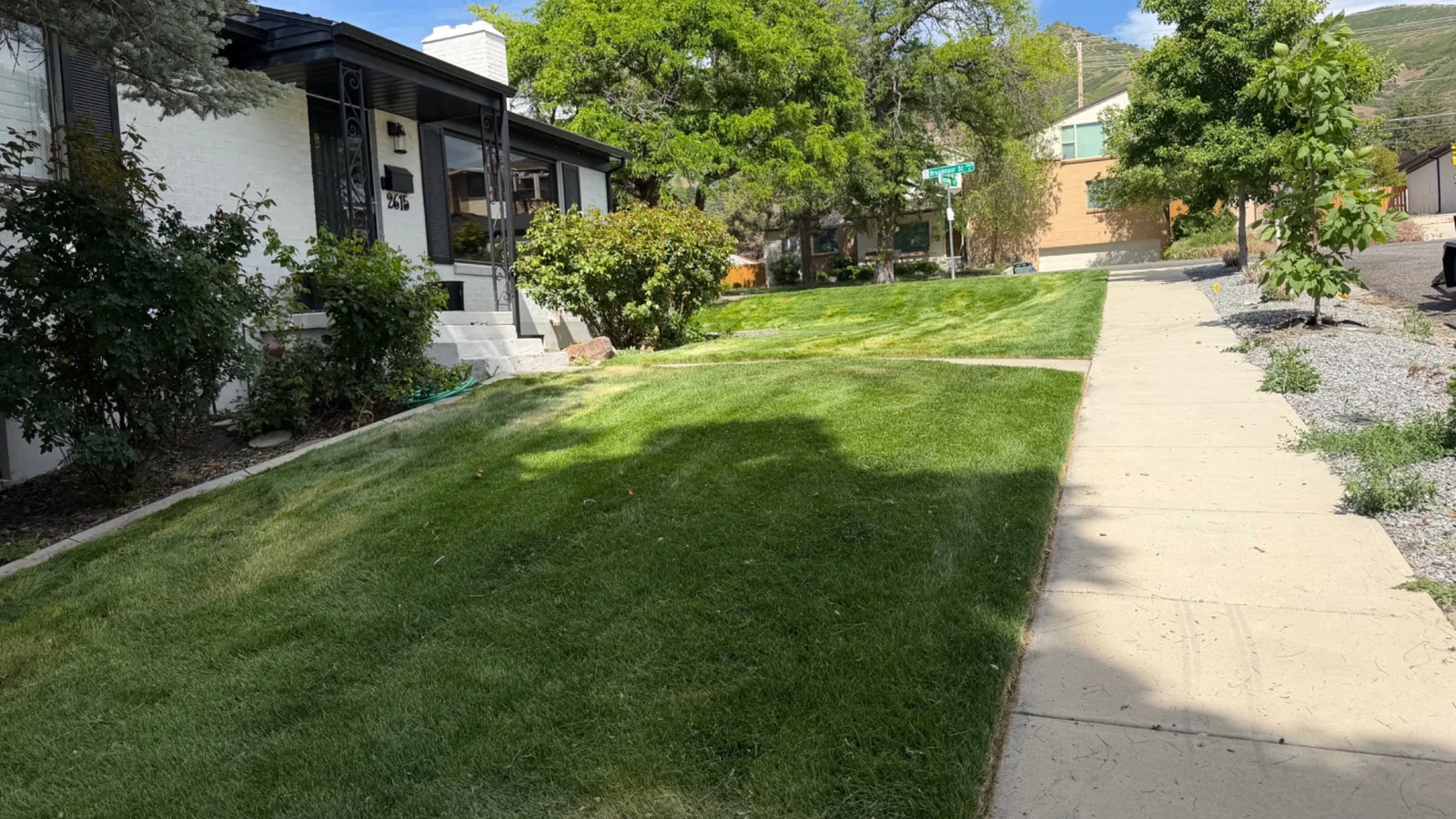 A freshly cut front lawn on a Salt Lake City street, with the Wasatch foothills behind it